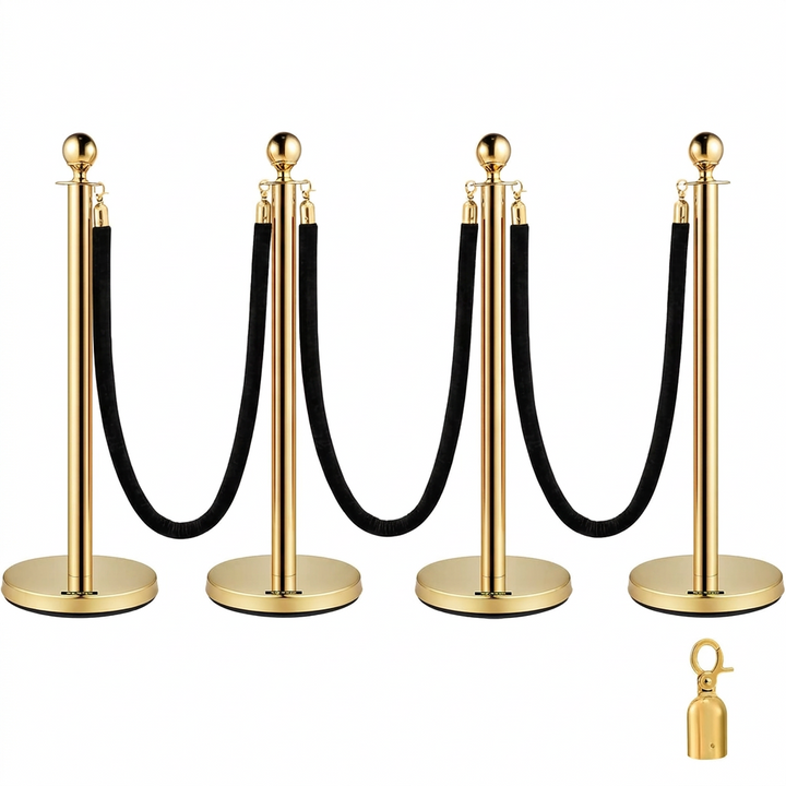 Velvet Ropes and Stanchion Posts Set – 4 Gold Posts with 3  Velvet Rope 5 ft