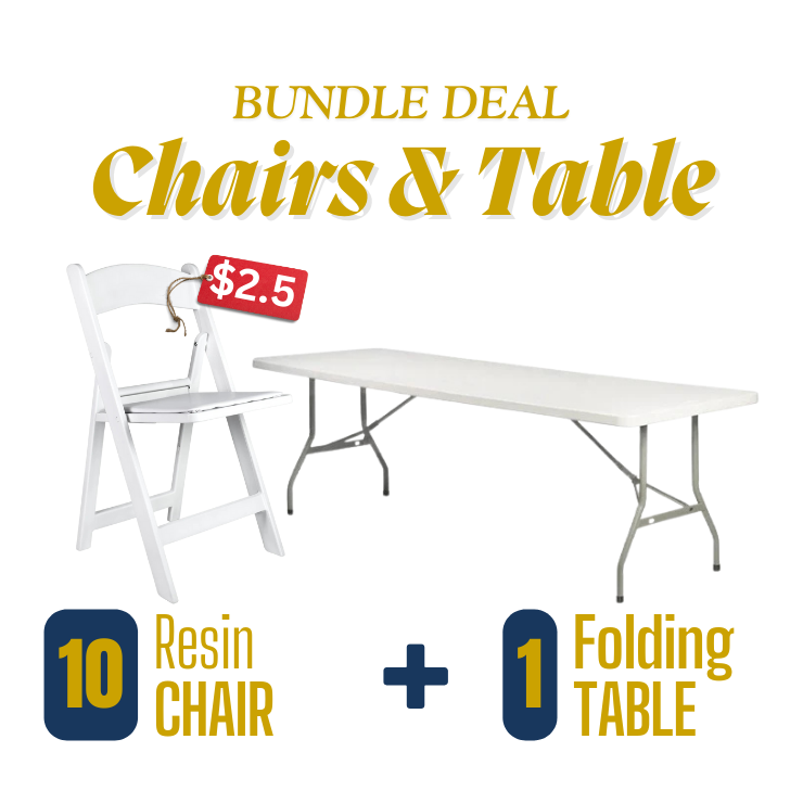 Adults: White Resin Folding Chairs Tables Rental Bundle Atlanta GA