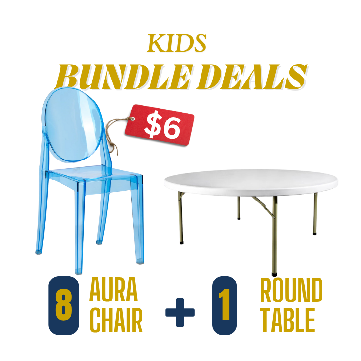 Comfortable white resin serpentine kids table with 12 chairs for rentals in Atlanta, GA