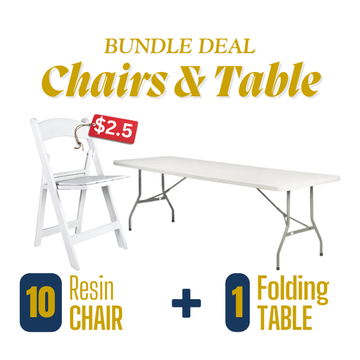 Adults: White Resin Folding Chairs Tables Rental Bundle Atlanta GA