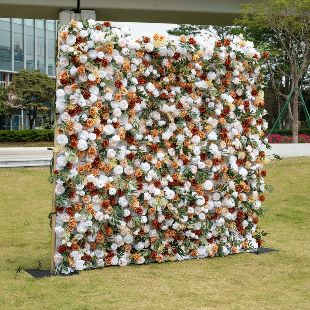 5D Fabric Artificial Flower Wall Flower Fall, Autumn, Terracotta – Rolling Curtain Rental Atlanta