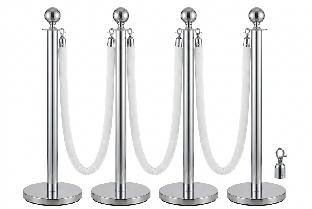 Velvet Ropes and Stanchion Posts Set – 4 Black Posts with 3  Velvet Rope 5 ft