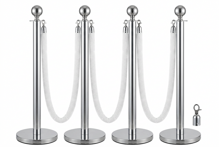 Velvet Ropes and Stanchion Posts Set – 4 Black Posts with 3  Velvet Rope 5 ft